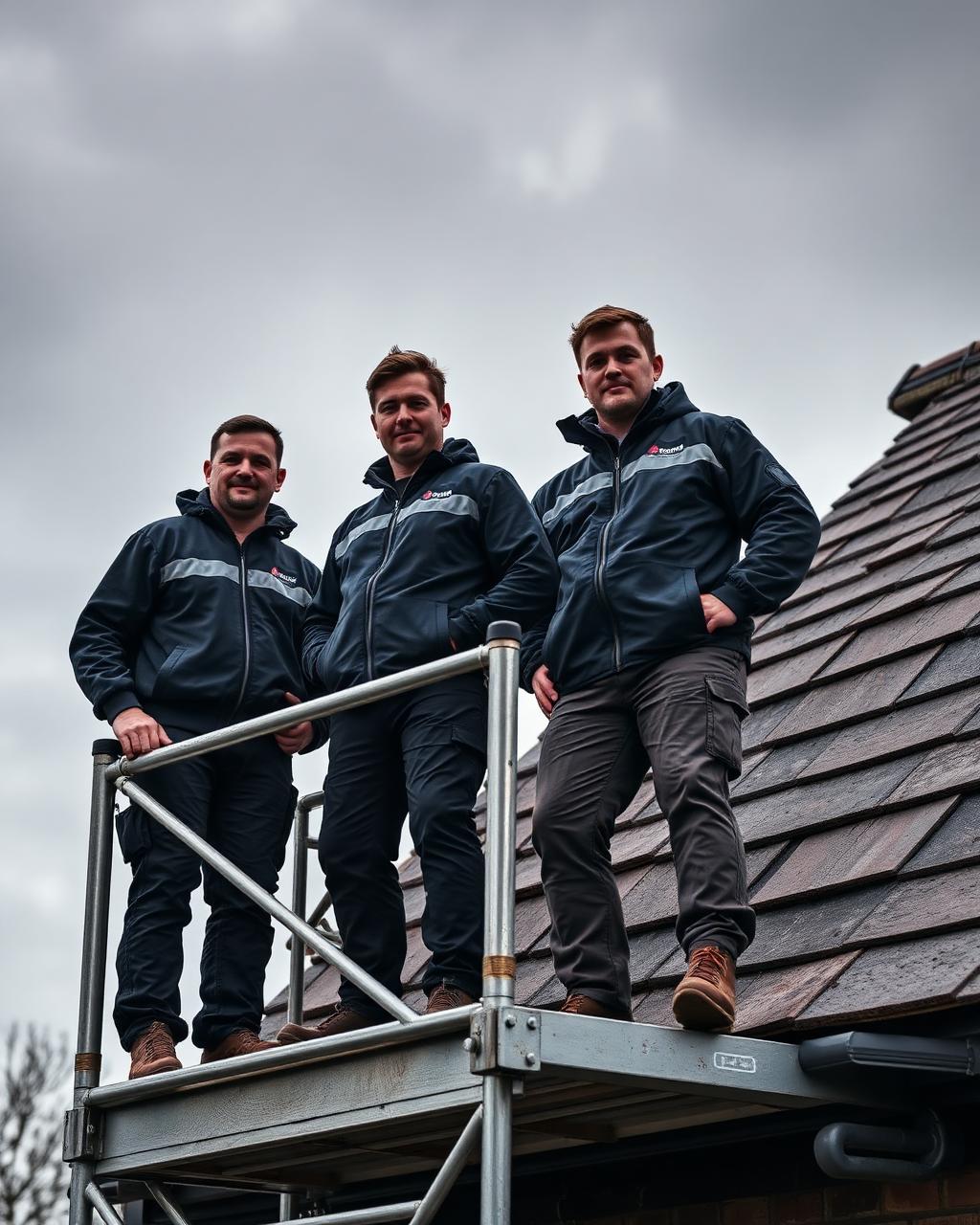 HD Roofing Services team on scaffolding next to a finished slate roof in Bradford